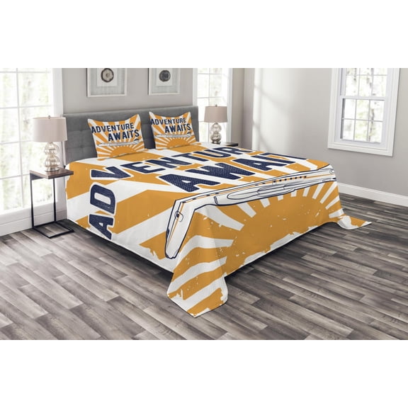 Ambesonne Adventure Quilted Bedspread Set 3 Pcs, Airplane Sun Journey, Queen Size, Navy Blue Orange