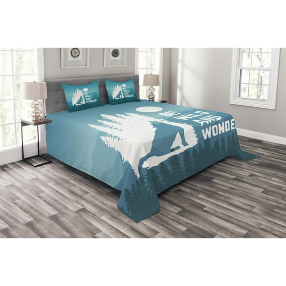 Ambesonne Adventure Quilted Bedspread Set 3 Pcs, Be Wild and Wonder, Queen Size, Night Blue White