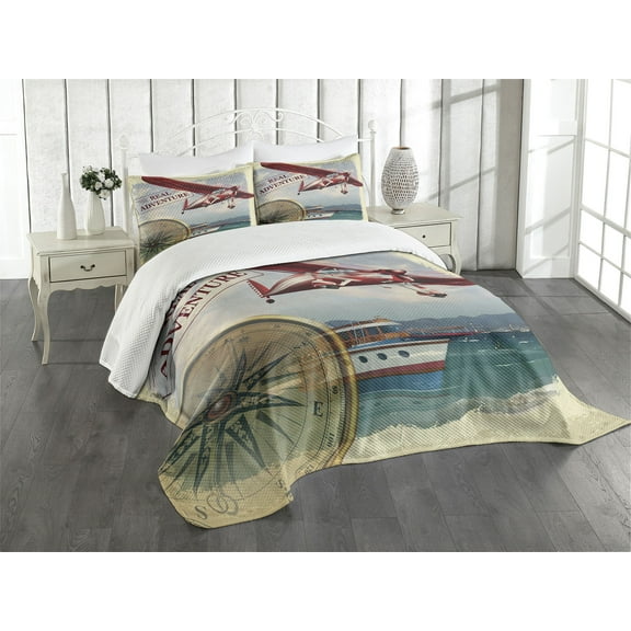 Ambesonne Adventure Quilted Bedspread Set 3 Pcs, Coastline Red Plane, Queen Size, Multicolor