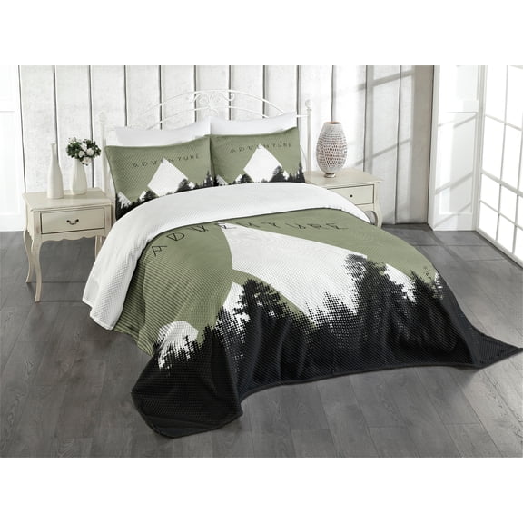 Ambesonne Adventure Quilted Bedspread Set 3 Pcs, Forest Halftone Style, King Size, Army Green Black White