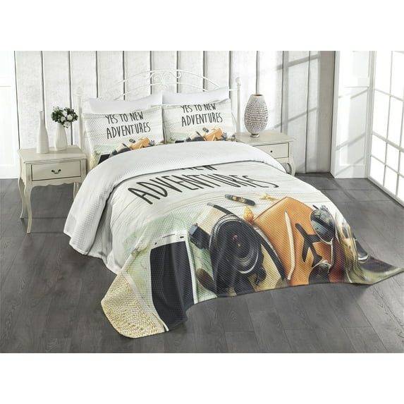 Ambesonne Adventure Quilted Bedspread Set 3 Pcs, Wanderlust Retro Text, King Size, Multicolor