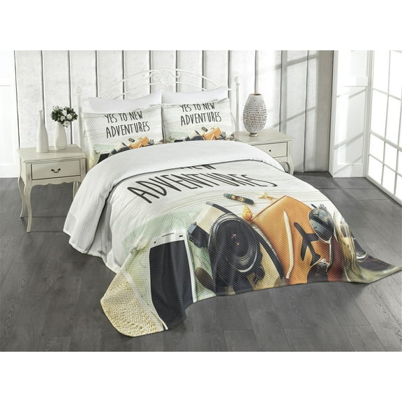 Ambesonne Adventure Quilted Bedspread Set 3 Pcs, Wanderlust Retro Text, Queen Size, Multicolor