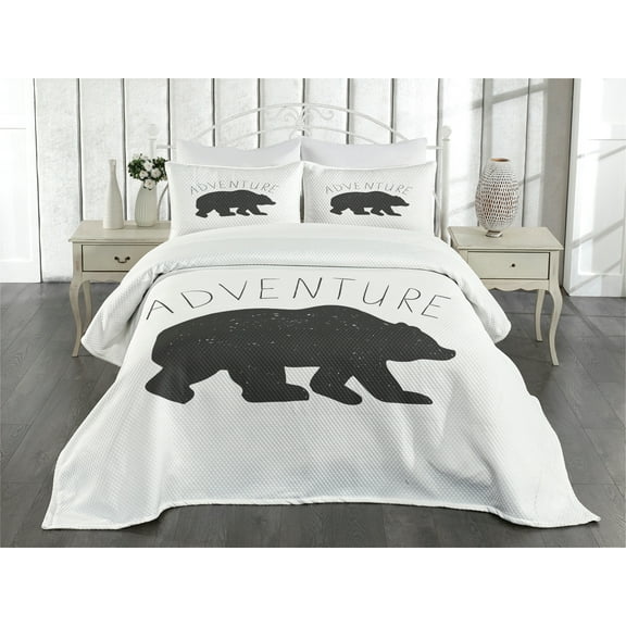 Ambesonne Adventure Quilted Bedspread Set 3 Pcs, Wild Bear Nature Love, Queen Size, Charcoal Grey White