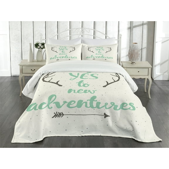 Ambesonne Adventure Quilted Bedspread Set 3 Pcs, Words Antlers Arrows, King Size, Charcoal Grey Sea Green