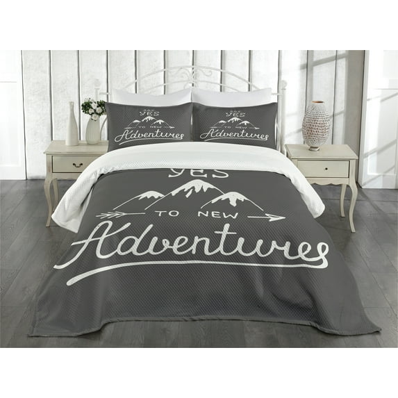 Ambesonne Adventure Quilted Bedspread Set 3 Pcs, Words and Mountains, King Size, Charcoal Grey and White