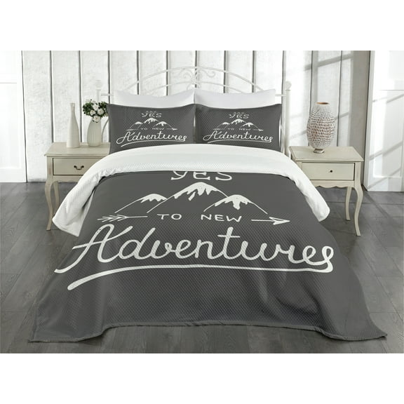 Ambesonne Adventure Quilted Bedspread Set 3 Pcs, Words and Mountains, Queen Size, Charcoal Grey and White