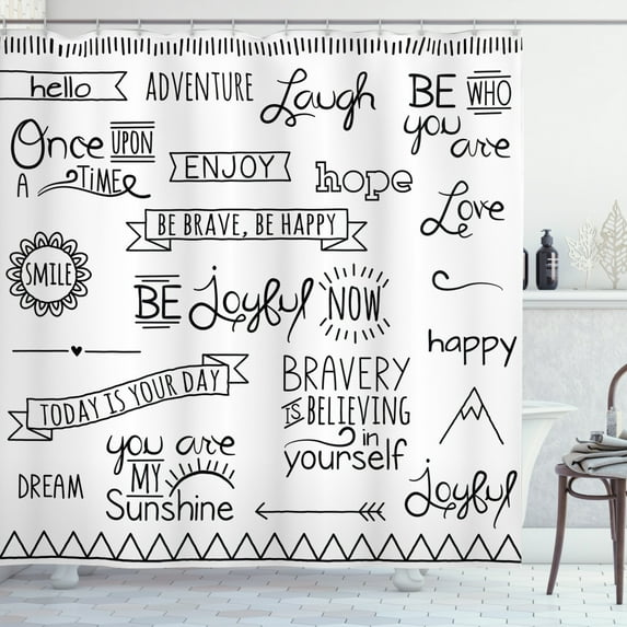 Ambesonne Adventure Shower Curtain, Various Happy Words Theme, 69"Wx75"L, White Black