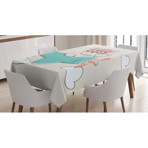 Ambesonne Adventure Tablecloth Rectangular Table Cover, Teddy Bear on Biplane, 52"x70", Pale Mauve Seafoam