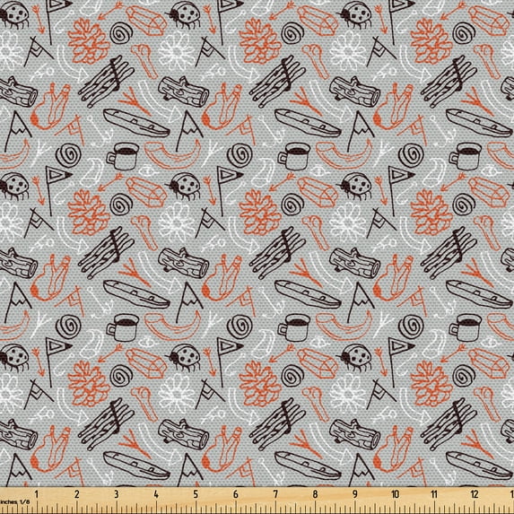 Ambesonne Adventure Theme Fabric by the Yard Upholstery, Minimal Camping Art, 2 Yards, Burnt Orange Seal Brown
