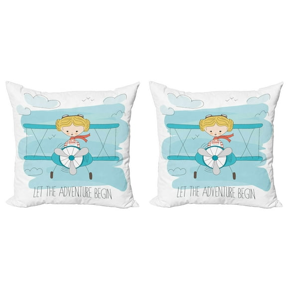 Ambesonne Adventure Throw Pillow Cover 2 Pack, Girl on Plane, 24", Dark Coral Pale Blue