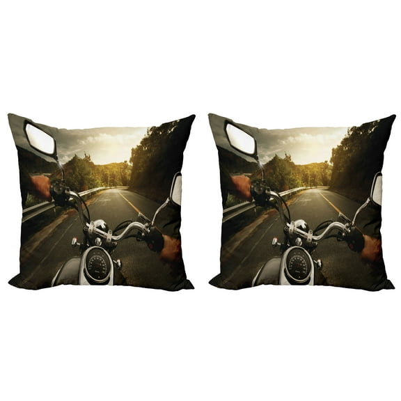 Ambesonne Adventure Throw Pillow Cover 2 Pack, Rider Chopper Road, 16", Forest Green Grey