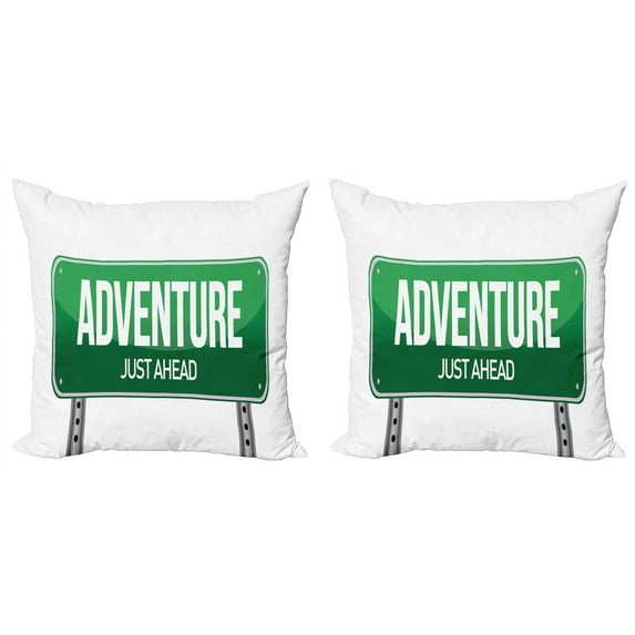 Ambesonne Adventure Throw Pillow Cover 2 Pack, Signboard Travel Highway, 24", White Hunter Green