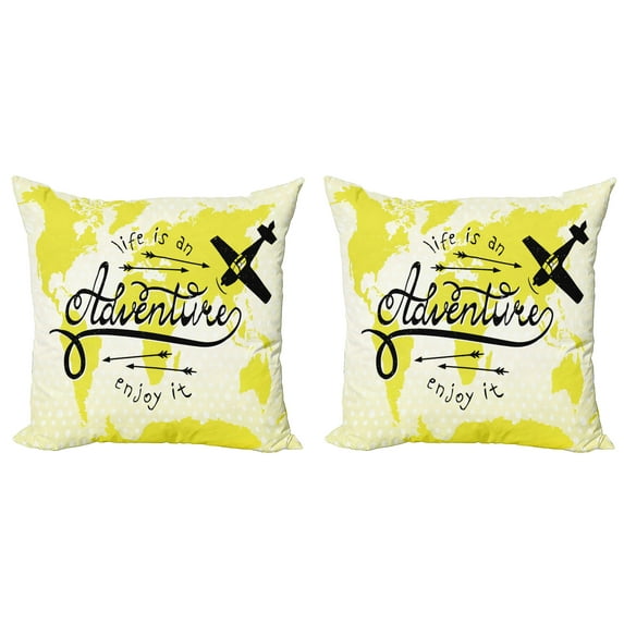 Ambesonne Adventure Throw Pillow Cover 2 Pack, World Map Airplane, 16", Yellow Black