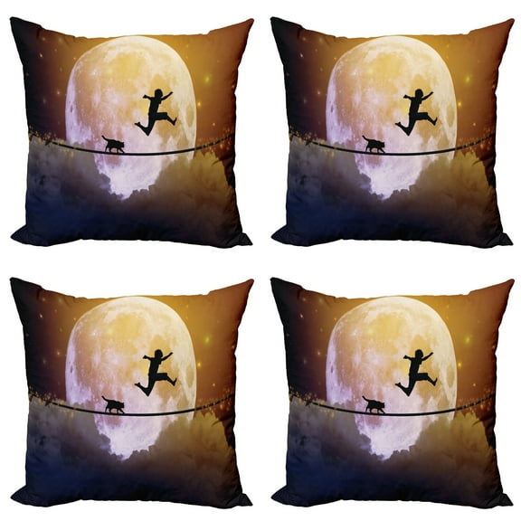 Ambesonne Adventure Throw Pillow Cover 4 Pack, Boy and Cat on, 16", Multicolor