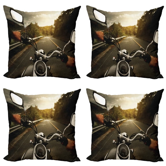 Ambesonne Adventure Throw Pillow Cover 4 Pack, Rider Chopper Road, 18", Forest Green Grey