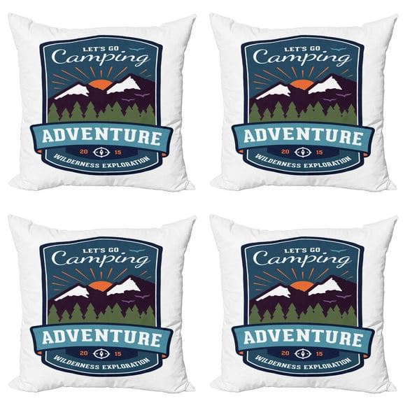 Ambesonne Adventure Throw Pillow Cover 4 Pack, Signboard of Camping Art, 18", White and Multicolor