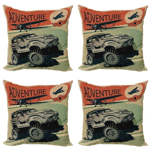 Ambesonne Adventure Throw Pillow Cover 4 Pack, Strong Vehicle Planes, 24", Tan Orange Green