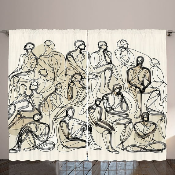 Ambesonne Aesthetic Curtains 2 Panel Set, Continuous Line People, 108" x 63", Ivory and Charcoal Grey