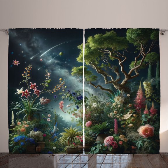 Ambesonne Aesthetic Curtains 2 Panel Set, Exotic Forest of Twilight, 108" x 108", Green Dark Night Blue