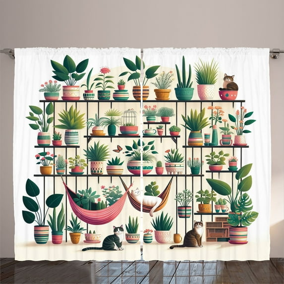 Ambesonne Aesthetic Curtains 2 Panel Set, Indoor Garden with Cats, 108" x 63", Hunter Green Pink and Ivory