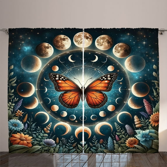 Ambesonne Aesthetic Curtains 2 Panel Set, Moon Monarch Butterfly, 108" x 108", Orange Dark Petrol Blue