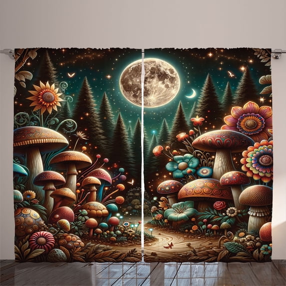 Ambesonne Aesthetic Curtains 2 Panel Set, Trippy Ethnic Mushroom, 108" x 96", Dark Teal Purple Orange