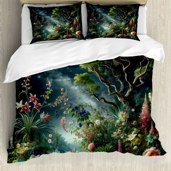 Ambesonne Aesthetic Duvet Cover Set, Exotic Forest of Twilight, Queen, Green Dark Night Blue