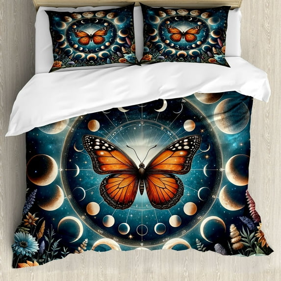 Ambesonne Aesthetic Duvet Cover Set, Moon Monarch Butterfly, Queen, Orange Dark Petrol Blue