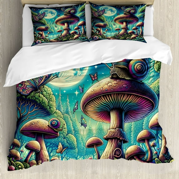 Ambesonne Aesthetic Duvet Cover Set, Mushrooms Surreal Forest, Calking, Turquoise Multicolor