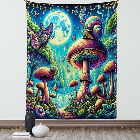 Ambesonne Aesthetic Tapestry Wall Hanging, Mushrooms Surreal Forest, 60"x80", Turquoise Multicolor
