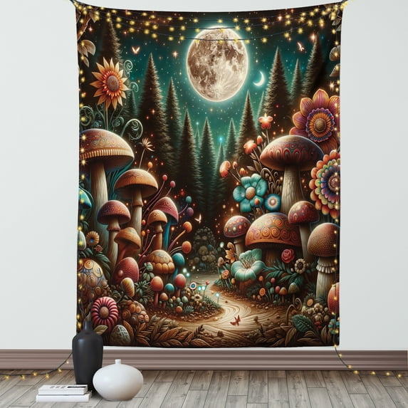 Ambesonne Aesthetic Tapestry Wall Hanging, Trippy Ethnic Mushroom, 60"x80", Dark Teal Purple Orange
