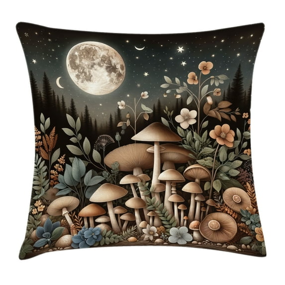 Ambesonne Aesthetic Throw Pillow Cushion Cover, Boho Nature Mushroom Moon, 16" X 16", Sepia and Grey Teal