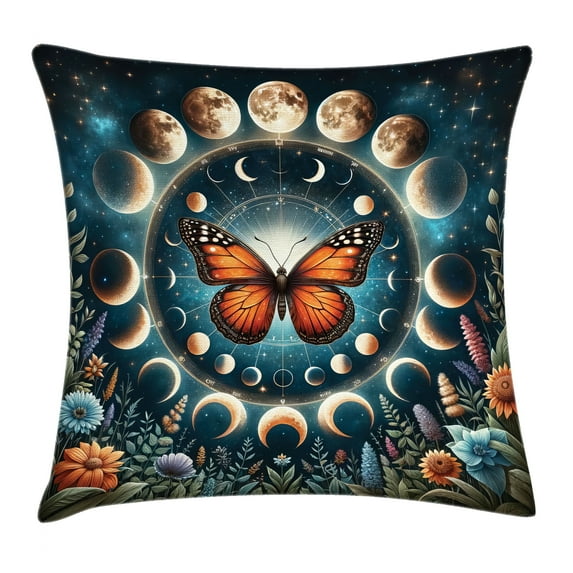 Ambesonne Aesthetic Throw Pillow Cushion Cover, Moon Monarch Butterfly, 16" X 16", Orange Dark Petrol Blue
