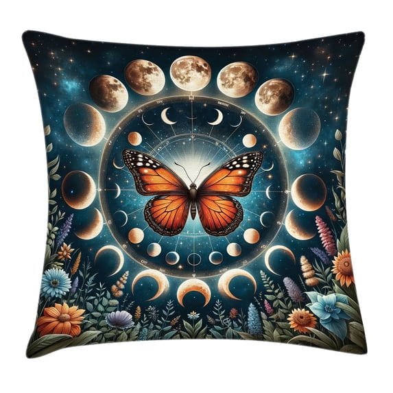 Ambesonne Aesthetic Throw Pillow Cushion Cover, Moon Monarch Butterfly, 26" X 26", Orange Dark Petrol Blue