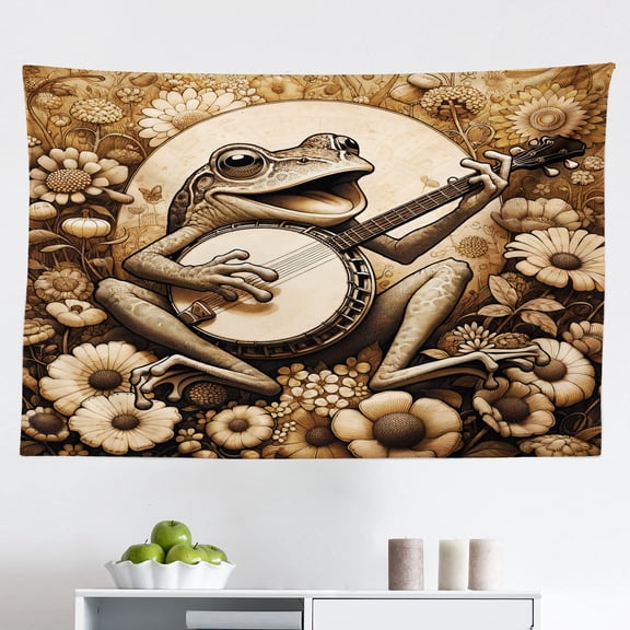 Ambesonne Aesthetic Wall Hanging Tapestry, Funny Frog Plays Banjo, 45"x30", Brown Sepia and Caramel