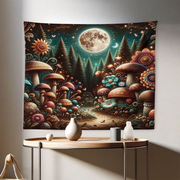 Ambesonne Aesthetic Wall Hanging Tapestry, Trippy Ethnic Mushroom, 28"x23", Dark Teal Purple Orange