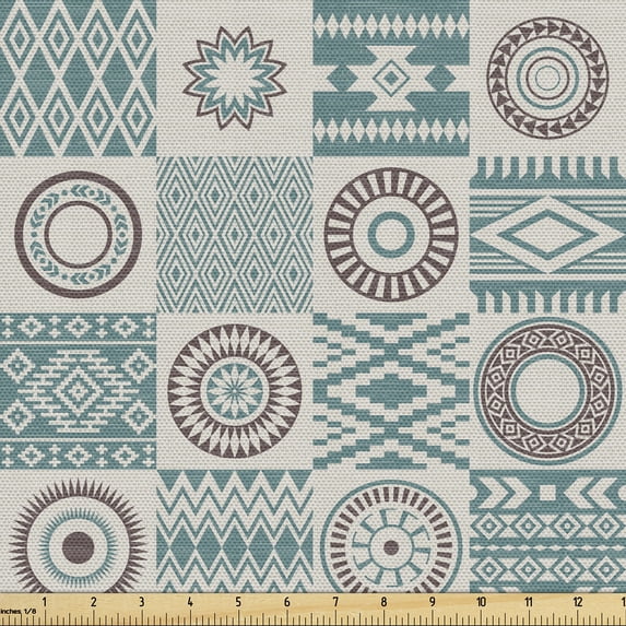 Ambesonne Afghan Fabric by the Yard Upholstery, Circles Checkered Squares, 10 Yards, Slate Blue Brown