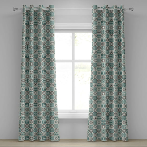 Ambesonne Afghan Grommet Curtain, Circles Checkered Squares, 50" x 120", Slate Blue Brown