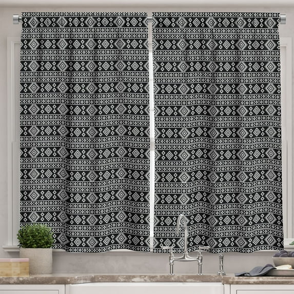 Ambesonne Afghan Kitchen Curtains, Oriental Eastern Motifs, 55"x39", Black White