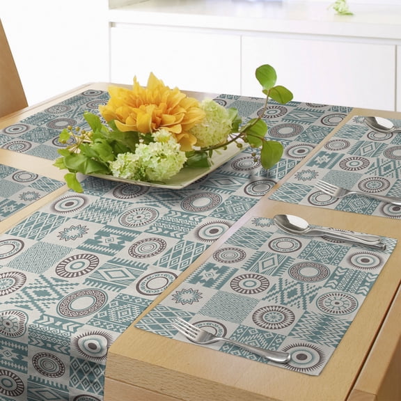 Ambesonne Afghan Table Runner & Placemats, Circles Checkered Squares, Placemat 4 pcs + Runner 12"x90", Slate Blue Brown