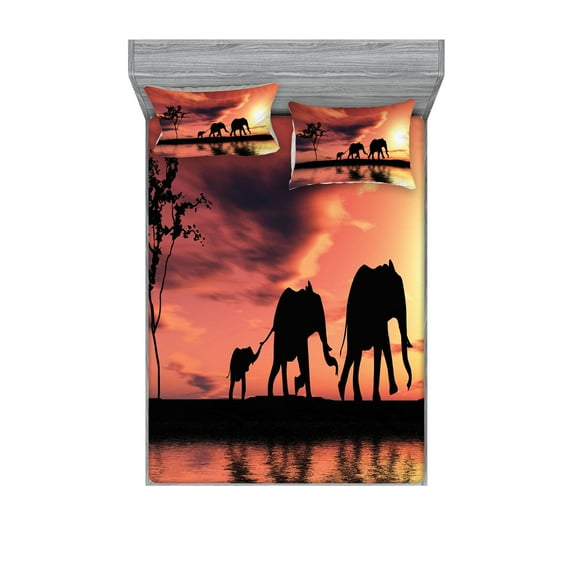 Ambesonne Africa Fitted Sheet & Pillow Sham Set, Wild Animals Silhouette View, King, Dark Coral Seal Brown