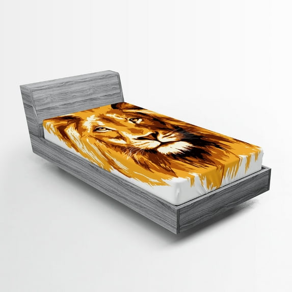 Ambesonne Africa Fitted Sheet, Tropics Savannah Lion Art, Twin XL Size, Orange and White