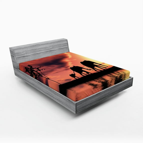 Ambesonne Africa Fitted Sheet, Wild Animals Silhouette View, King Size, Dark Coral Seal Brown
