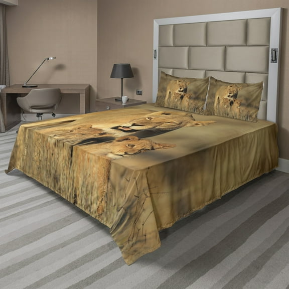 Ambesonne Africa Fitted & Top Sheet Set with Shams, Savannah Lions Wilderness, Cream