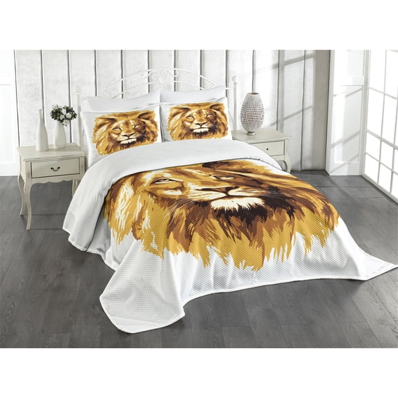 Ambesonne Africa Quilted Bedspread Set 3 Pcs, Tropics Savannah Lion Art, King Size, Orange and White