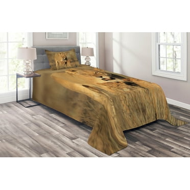 Ambesonne Africa Quilted Coverlet 2 Pcs, Savannah Lions Wilderness, Twin Size, Cream