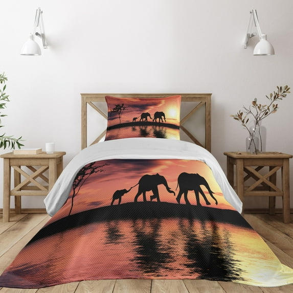 Ambesonne Africa Quilted Coverlet 2 Pcs, Wild Animals Silhouette View, Twin Size, Dark Coral Seal Brown