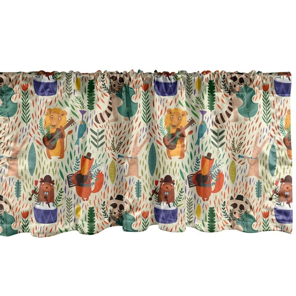 Ambesonne Africa Window Valance, Jungle Band with Instrument Playing Animals Lion Bear and Hare with Leaves Backdrop, Curtain Valance for Kitchen Bedroom Decor with Rod Pocket, 54" X 18", Multicolor