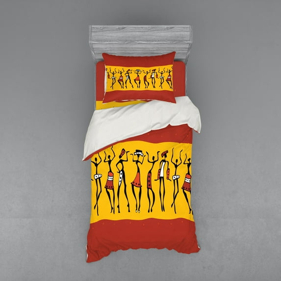 Ambesonne African Bedding Set 3 Pcs, Dancing People, Twin XL, Dark Orange Yellow Black