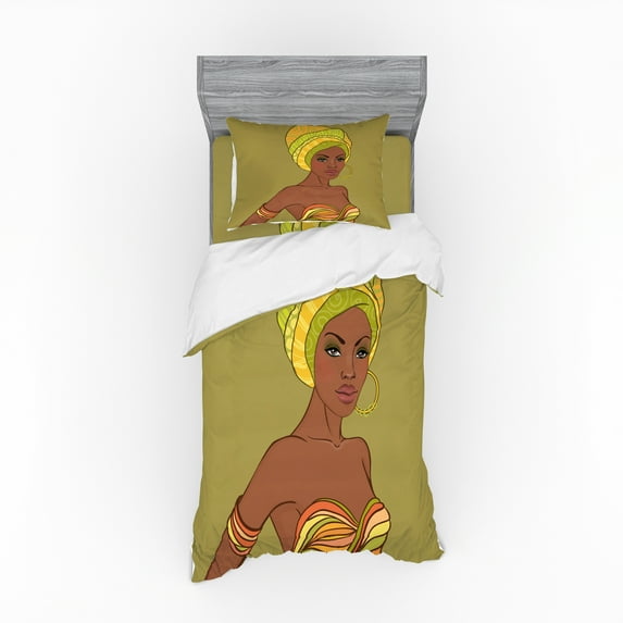 Ambesonne African Bedding Set 3 Pcs, Fashion Lady with Earrings, Twin, Multicolor